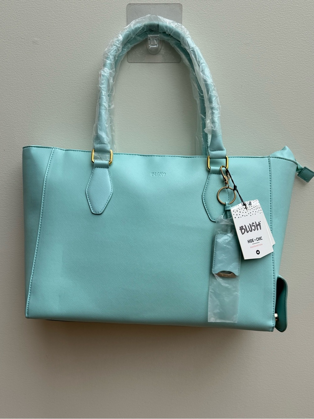 Blush Wine cooler/Picnic Tote Bag in Mint Blue/Green with Gold Hardware